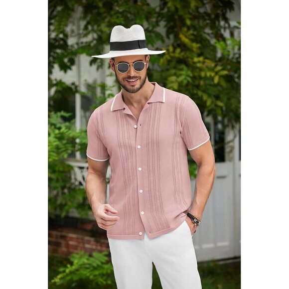 ❤️Men's Pink Button Down Shirt Vintage Short  Sleeve Shirts Casual Beach Tops - Picture 3 of 6